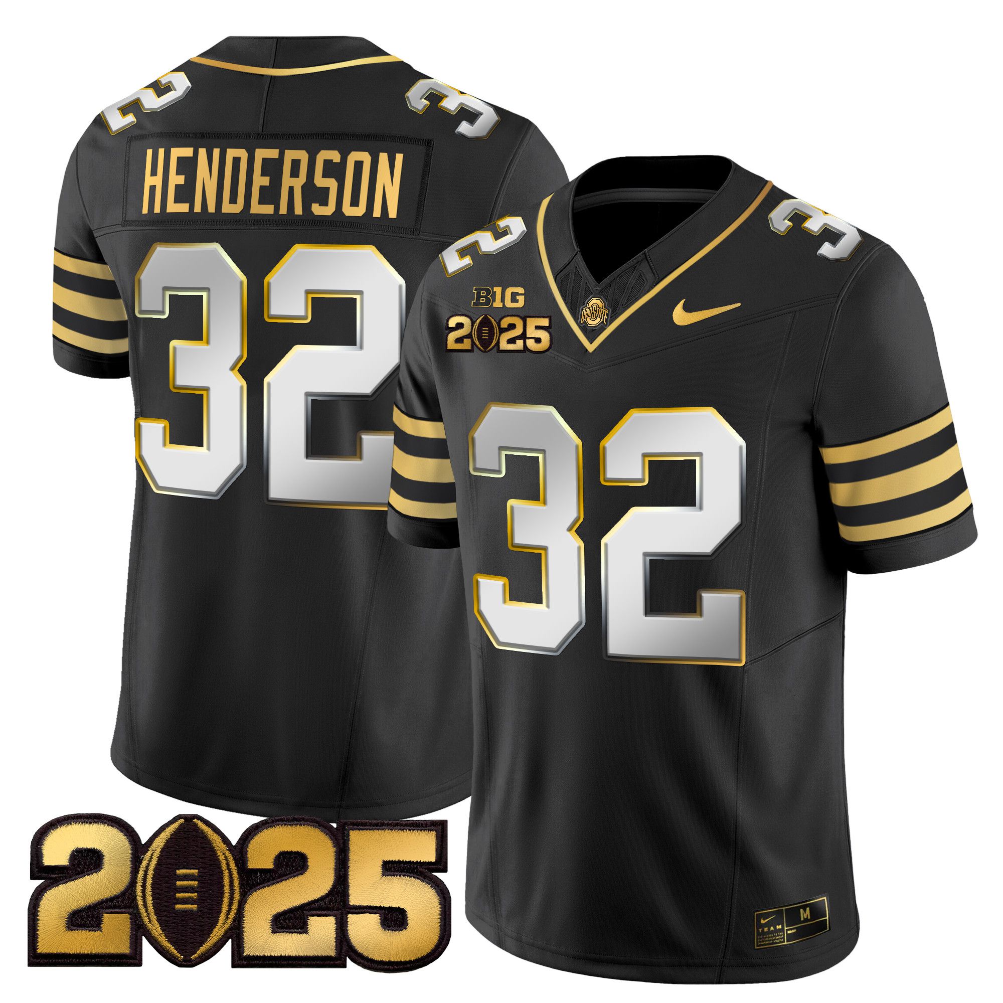 Men Ohio State Buckeyes #32 Henderson Black 2025 CFP Final Patch Gold Vapor Limited NCAA Jersey style 2